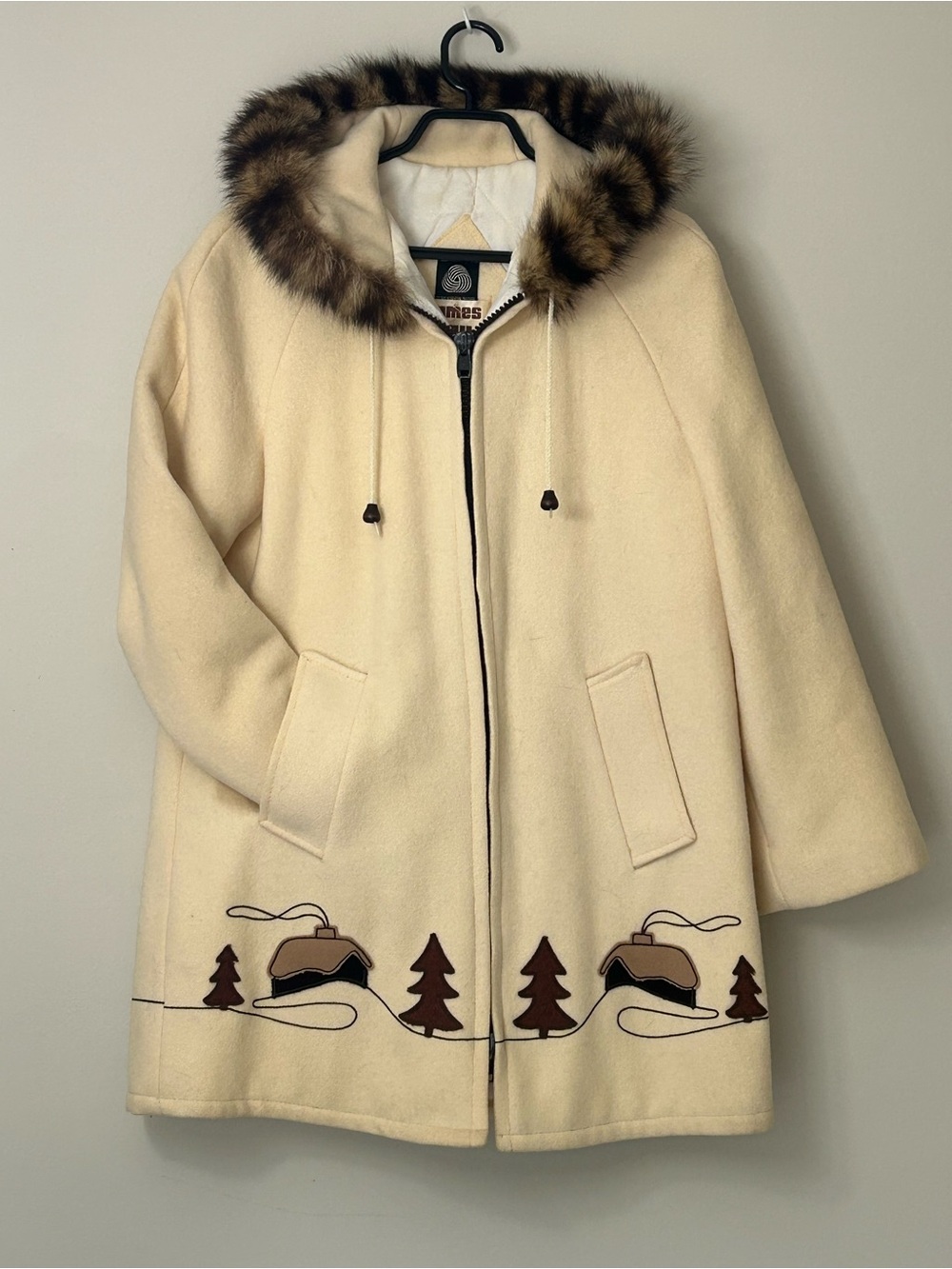 VTG 70s James Bay Fashions Pure Virgin Wool Parka Coat Fur Hood Cream Medium